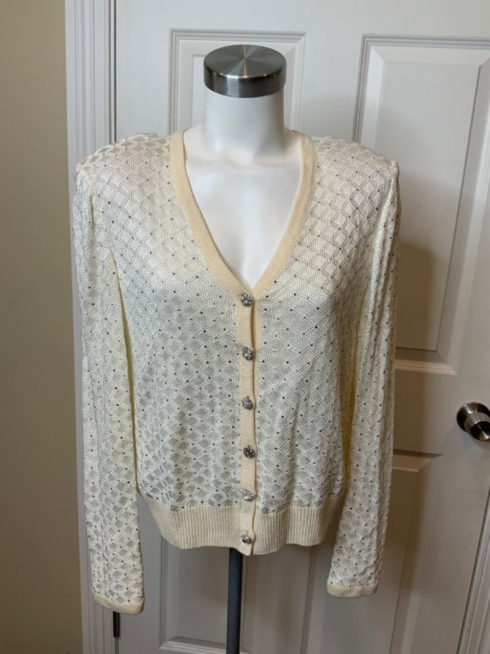 St. John Evening Cream Knit Jeweled Cardigan Sweater, Size 6